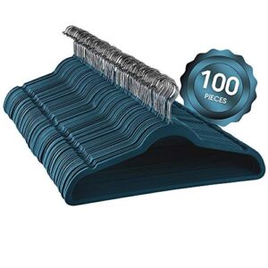 elama 100 piece set of velvet slim profile heavy duty felt hangers with stainless steel swivel hooks in blue