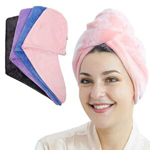 pipiz 4 pack microfiber hair towel wrap for women,super absorbent hair drying towels, anti-frizz hair turban towel for long wet hair pink