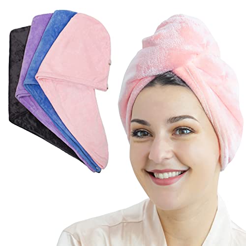 PIPIZ 4 Pack Microfiber Hair Towel Wrap for Women,Super Absorbent Hair Drying Towels, Anti-Frizz Hair Turban Towel for Long Wet Hair Pink