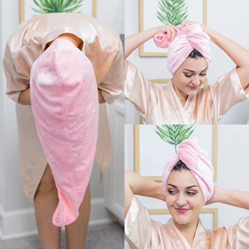 PIPIZ 4 Pack Microfiber Hair Towel Wrap for Women,Super Absorbent Hair Drying Towels, Anti-Frizz Hair Turban Towel for Long Wet Hair Pink