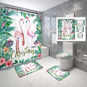 4 piece flamingo with santa hat shower curtain waterproof christmas tropical frame watercolor palm tree flamingo bathroom sets with non-slip rugs, toilet lid cover and bath mat with standard size