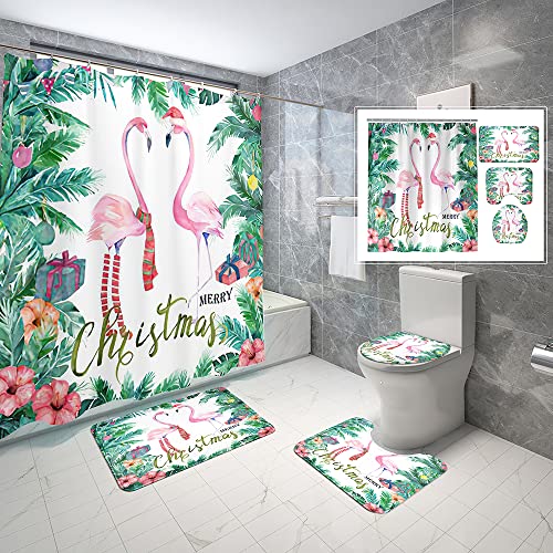 4 Piece Flamingo with Santa Hat Shower Curtain Waterproof Christmas Tropical Frame Watercolor Palm Tree Flamingo Bathroom Sets with Non-Slip Rugs, Toilet Lid Cover and Bath Mat with Standard Size