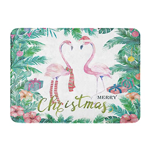 4 Piece Flamingo with Santa Hat Shower Curtain Waterproof Christmas Tropical Frame Watercolor Palm Tree Flamingo Bathroom Sets with Non-Slip Rugs, Toilet Lid Cover and Bath Mat with Standard Size