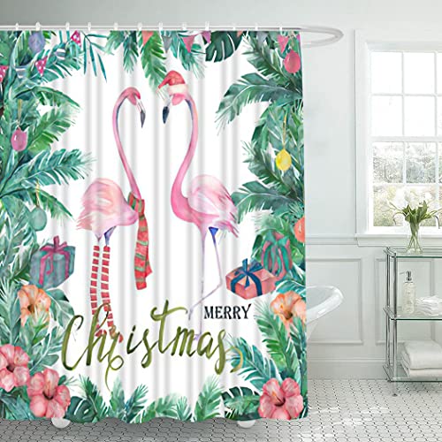 4 Piece Flamingo with Santa Hat Shower Curtain Waterproof Christmas Tropical Frame Watercolor Palm Tree Flamingo Bathroom Sets with Non-Slip Rugs, Toilet Lid Cover and Bath Mat with Standard Size