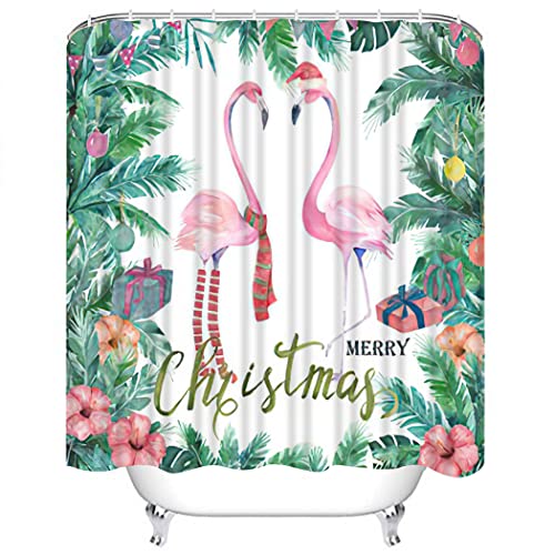 4 Piece Flamingo with Santa Hat Shower Curtain Waterproof Christmas Tropical Frame Watercolor Palm Tree Flamingo Bathroom Sets with Non-Slip Rugs, Toilet Lid Cover and Bath Mat with Standard Size