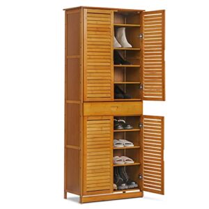 monibloom tall shoe storage cabinet with 2 double shutter doors & 1 drawer, bamboo free standing shoes shelf stand for 26-30 pairs entryway hallway bedroom, brown