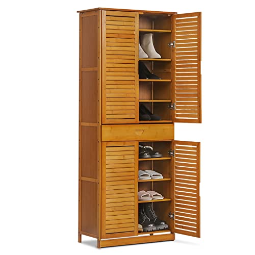 MoNiBloom Tall Shoe Storage Cabinet with 2 Double Shutter Doors & 1 Drawer, Bamboo Free Standing Shoes Shelf Stand for 26-30 Pairs Entryway Hallway Bedroom, Brown