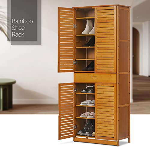 MoNiBloom Tall Shoe Storage Cabinet with 2 Double Shutter Doors & 1 Drawer, Bamboo Free Standing Shoes Shelf Stand for 26-30 Pairs Entryway Hallway Bedroom, Brown