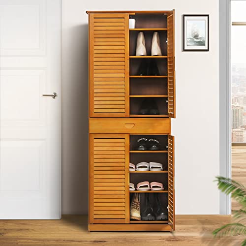 MoNiBloom Tall Shoe Storage Cabinet with 2 Double Shutter Doors & 1 Drawer, Bamboo Free Standing Shoes Shelf Stand for 26-30 Pairs Entryway Hallway Bedroom, Brown