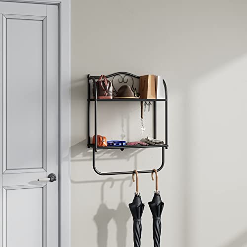 JOIN IRON 2 Tier Bathroom Shelves Floating Shelf Wall Racks with Towel Holder for Home Decor (Black)