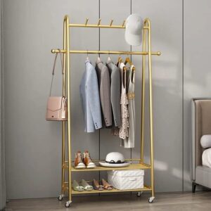 MAIKAILUN Clothes Rack Gold, Freestanding Coat Rack Modern Rolling Garment Rack with Wheels and Bottom Shelves, Industrial Heavy Duty Pipe Clothing Rack Wardrobe Closet for Boutique Display (39" L)