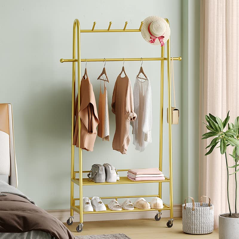 MAIKAILUN Clothes Rack Gold, Freestanding Coat Rack Modern Rolling Garment Rack with Wheels and Bottom Shelves, Industrial Heavy Duty Pipe Clothing Rack Wardrobe Closet for Boutique Display (39" L)