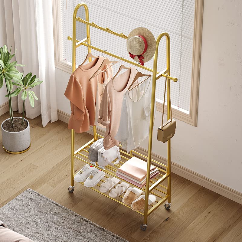 MAIKAILUN Clothes Rack Gold, Freestanding Coat Rack Modern Rolling Garment Rack with Wheels and Bottom Shelves, Industrial Heavy Duty Pipe Clothing Rack Wardrobe Closet for Boutique Display (39" L)