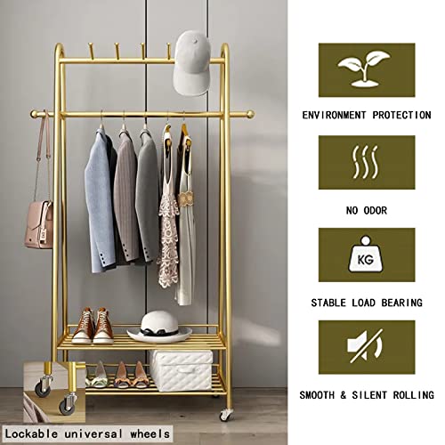 MAIKAILUN Clothes Rack Gold, Freestanding Coat Rack Modern Rolling Garment Rack with Wheels and Bottom Shelves, Industrial Heavy Duty Pipe Clothing Rack Wardrobe Closet for Boutique Display (39" L)