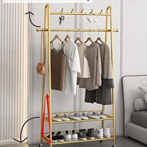 MAIKAILUN Clothes Rack Gold, Freestanding Coat Rack Modern Rolling Garment Rack with Wheels and Bottom Shelves, Industrial Heavy Duty Pipe Clothing Rack Wardrobe Closet for Boutique Display (39" L)