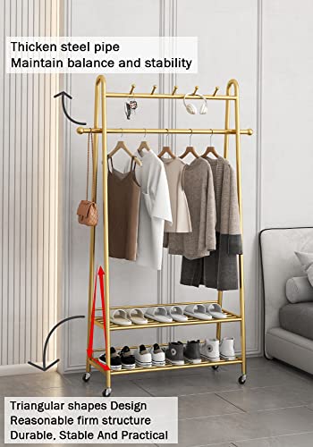 MAIKAILUN Clothes Rack Gold, Freestanding Coat Rack Modern Rolling Garment Rack with Wheels and Bottom Shelves, Industrial Heavy Duty Pipe Clothing Rack Wardrobe Closet for Boutique Display (39" L)