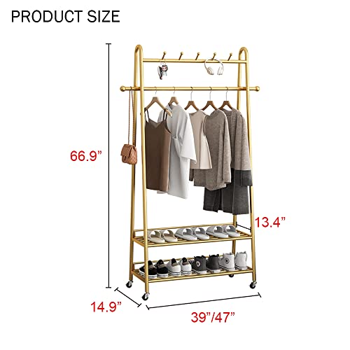 MAIKAILUN Clothes Rack Gold, Freestanding Coat Rack Modern Rolling Garment Rack with Wheels and Bottom Shelves, Industrial Heavy Duty Pipe Clothing Rack Wardrobe Closet for Boutique Display (39" L)