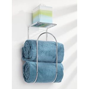 mDesign Modern Metal Wire Wall Mount Towel Rack Holder and Organizer with Storage Shelf - for Bathroom Towels, Washcloths, Hand Towels - Decorative Curved Design - Chrome