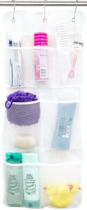 s&t inc. shower organizer with quick drying mesh, bathroom caddy organizer with 7 pockets to hold toiletries, shampoos, soaps, and loofahs, 14 inch by 30 inch, white, 1 pack