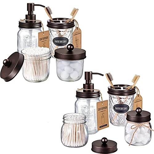 Amolliar 4pcs &4pcs Bronze Mason Jar Bathroom Accessories Set -2 Lotion Soap Dispenser & 2 Cotton Swab Holder(Wide Mouth)& 2 Qtip Holder (Regular Mouth) & 2 Toothbrush Holder-Rustic Farmhouse Decor