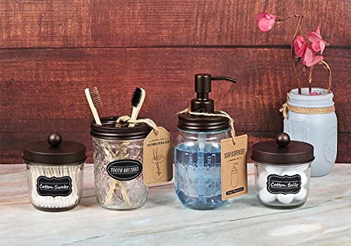 Amolliar 4pcs &4pcs Bronze Mason Jar Bathroom Accessories Set -2 Lotion Soap Dispenser & 2 Cotton Swab Holder(Wide Mouth)& 2 Qtip Holder (Regular Mouth) & 2 Toothbrush Holder-Rustic Farmhouse Decor