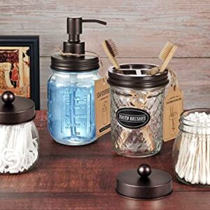 Amolliar 4pcs &4pcs Bronze Mason Jar Bathroom Accessories Set -2 Lotion Soap Dispenser & 2 Cotton Swab Holder(Wide Mouth)& 2 Qtip Holder (Regular Mouth) & 2 Toothbrush Holder-Rustic Farmhouse Decor