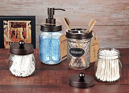 Amolliar 4pcs &4pcs Bronze Mason Jar Bathroom Accessories Set -2 Lotion Soap Dispenser & 2 Cotton Swab Holder(Wide Mouth)& 2 Qtip Holder (Regular Mouth) & 2 Toothbrush Holder-Rustic Farmhouse Decor