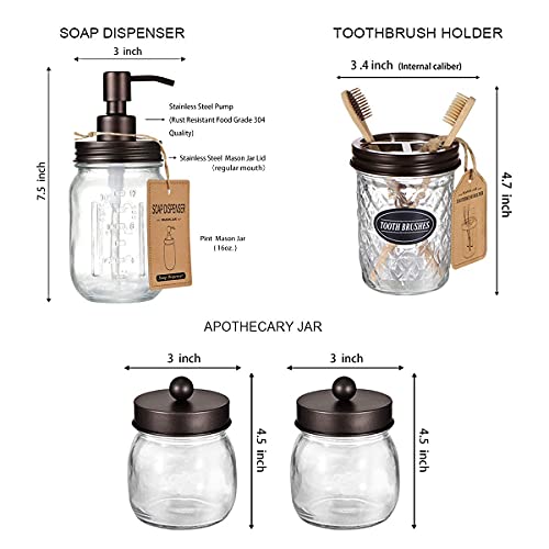 Amolliar 4pcs &4pcs Bronze Mason Jar Bathroom Accessories Set -2 Lotion Soap Dispenser & 2 Cotton Swab Holder(Wide Mouth)& 2 Qtip Holder (Regular Mouth) & 2 Toothbrush Holder-Rustic Farmhouse Decor