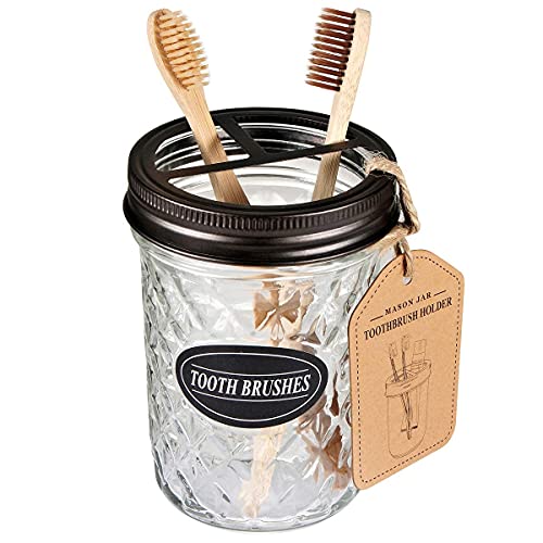 Amolliar 4pcs &4pcs Bronze Mason Jar Bathroom Accessories Set -2 Lotion Soap Dispenser & 2 Cotton Swab Holder(Wide Mouth)& 2 Qtip Holder (Regular Mouth) & 2 Toothbrush Holder-Rustic Farmhouse Decor