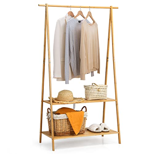 GOFLAME Bamboo Garment Rack, Freestanding Clothing Rack with Hanging Rod and 2 Storage Shelves, Heavy Duty Clothes Rack with Anti-tipping Devices, Natural