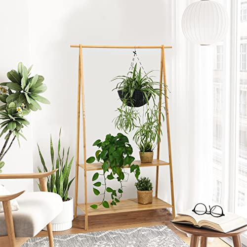 GOFLAME Bamboo Garment Rack, Freestanding Clothing Rack with Hanging Rod and 2 Storage Shelves, Heavy Duty Clothes Rack with Anti-tipping Devices, Natural