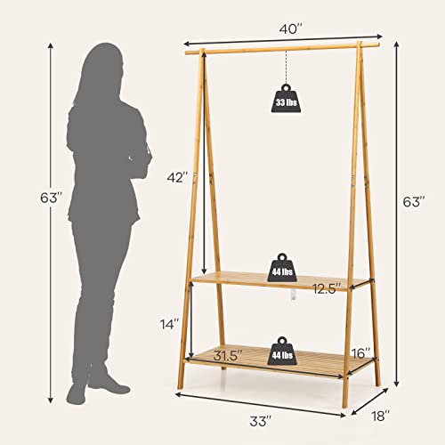 GOFLAME Bamboo Garment Rack, Freestanding Clothing Rack with Hanging Rod and 2 Storage Shelves, Heavy Duty Clothes Rack with Anti-tipping Devices, Natural