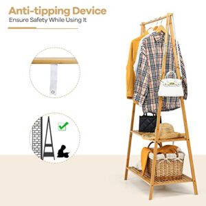 GOFLAME Bamboo Garment Rack, Freestanding Clothing Rack with Hanging Rod and 2 Storage Shelves, Heavy Duty Clothes Rack with Anti-tipping Devices, Natural