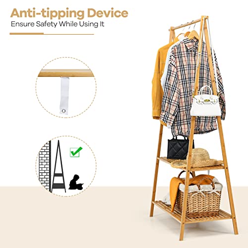 GOFLAME Bamboo Garment Rack, Freestanding Clothing Rack with Hanging Rod and 2 Storage Shelves, Heavy Duty Clothes Rack with Anti-tipping Devices, Natural