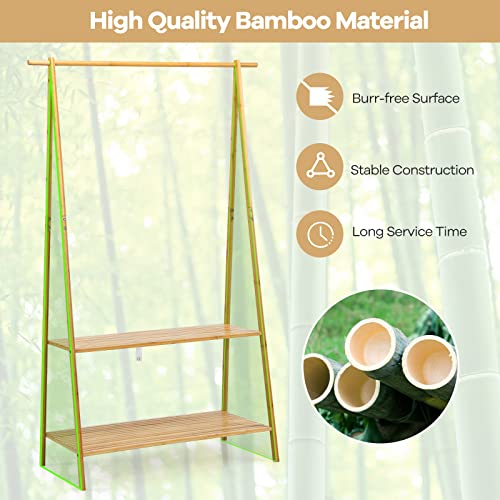 GOFLAME Bamboo Garment Rack, Freestanding Clothing Rack with Hanging Rod and 2 Storage Shelves, Heavy Duty Clothes Rack with Anti-tipping Devices, Natural