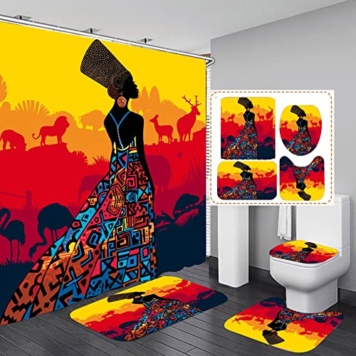 African American Shower Curtains for Bathroom, 4PCS Bathroom Sets Include 1 Fabric Shower Curtain, 2 Non-Slip Bathroom Rugs and 1 Toilet Lid Cover, Black Girl Bathroom Decor (Black)