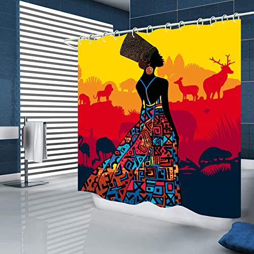 African American Shower Curtains for Bathroom, 4PCS Bathroom Sets Include 1 Fabric Shower Curtain, 2 Non-Slip Bathroom Rugs and 1 Toilet Lid Cover, Black Girl Bathroom Decor (Black)