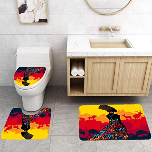 African American Shower Curtains for Bathroom, 4PCS Bathroom Sets Include 1 Fabric Shower Curtain, 2 Non-Slip Bathroom Rugs and 1 Toilet Lid Cover, Black Girl Bathroom Decor (Black)