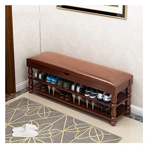 ALDEPO Shoe Cabinet Multi-Layer Solid Wood Shoe Changing Stool Retro Sitting Shoe Rack Large Capacity Home Storage with PU Leather Seat Save Space Corridor Bathroom Office Shop