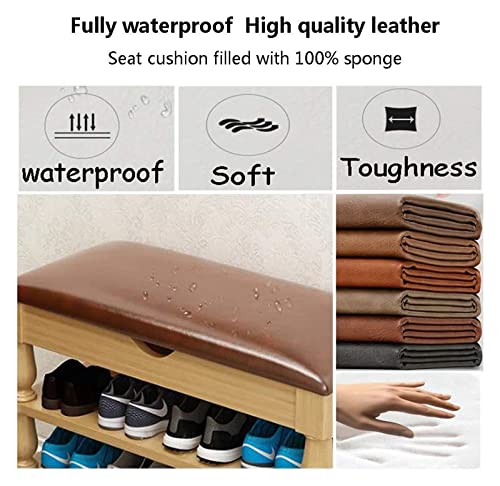 ALDEPO Shoe Cabinet Multi-Layer Solid Wood Shoe Changing Stool Retro Sitting Shoe Rack Large Capacity Home Storage with PU Leather Seat Save Space Corridor Bathroom Office Shop