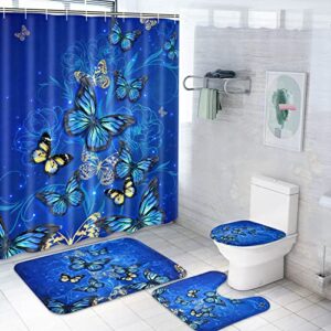 claswcalor 4 pcs flower butterfly shower curtain set with non-slip rug, toilet lid cover and bath mat, blue floral shower curtain with 12 hooks, waterproof fabric shower curtains for bathroom decor