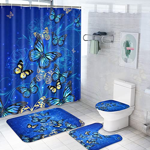 Claswcalor 4 Pcs Flower Butterfly Shower Curtain Set with Non-Slip Rug, Toilet Lid Cover and Bath Mat, Blue Floral Shower Curtain with 12 Hooks, Waterproof Fabric Shower Curtains for Bathroom Decor