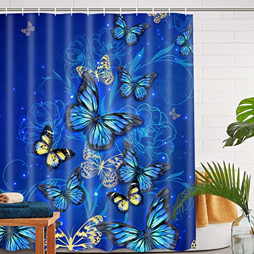 Claswcalor 4 Pcs Flower Butterfly Shower Curtain Set with Non-Slip Rug, Toilet Lid Cover and Bath Mat, Blue Floral Shower Curtain with 12 Hooks, Waterproof Fabric Shower Curtains for Bathroom Decor