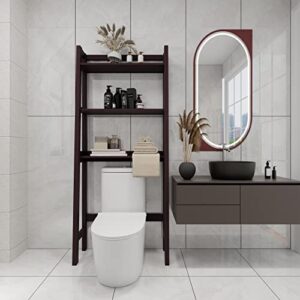 tinkle well toilet storage, 3-tier bathroom organizer rack with adjustable bottom bar, space saver, brown, 65'' x 25.6'' x 12.2''