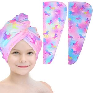 Basumee Microfiber Hair Towel Wrap for Kids 2 Pack Rapid Drying Hair Towel with Button Hair Turbans for Wet Hair Wraps Head Towel Wrap for Women and Girls, Unicorn