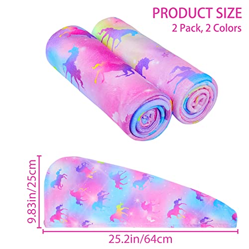 Basumee Microfiber Hair Towel Wrap for Kids 2 Pack Rapid Drying Hair Towel with Button Hair Turbans for Wet Hair Wraps Head Towel Wrap for Women and Girls, Unicorn