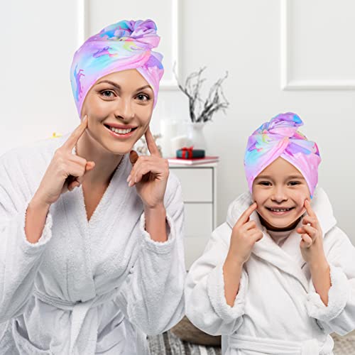 Basumee Microfiber Hair Towel Wrap for Kids 2 Pack Rapid Drying Hair Towel with Button Hair Turbans for Wet Hair Wraps Head Towel Wrap for Women and Girls, Unicorn