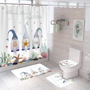 godeufe 4pcs mermaid gnome shower curtain sets for bathroom, waterproof bath curtain set with non-slip rug, toilet lid cover, bath mat and 12 hooks, 70.8x70.8 inches (white)
