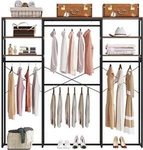 little tree free standing closet organizer, large heavy-duty garment rack with shelves and hanging rods,open wardrobe for bedroom,brown