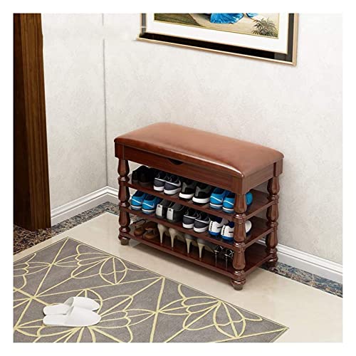 ALDEPO Shoe Cabinet Multi-Layer Solid Wood Shoe Changing Stool Retro Sitting Shoe Rack Large Capacity Home Storage with PU Leather Seat Save Space Corridor Bathroom Office Shop